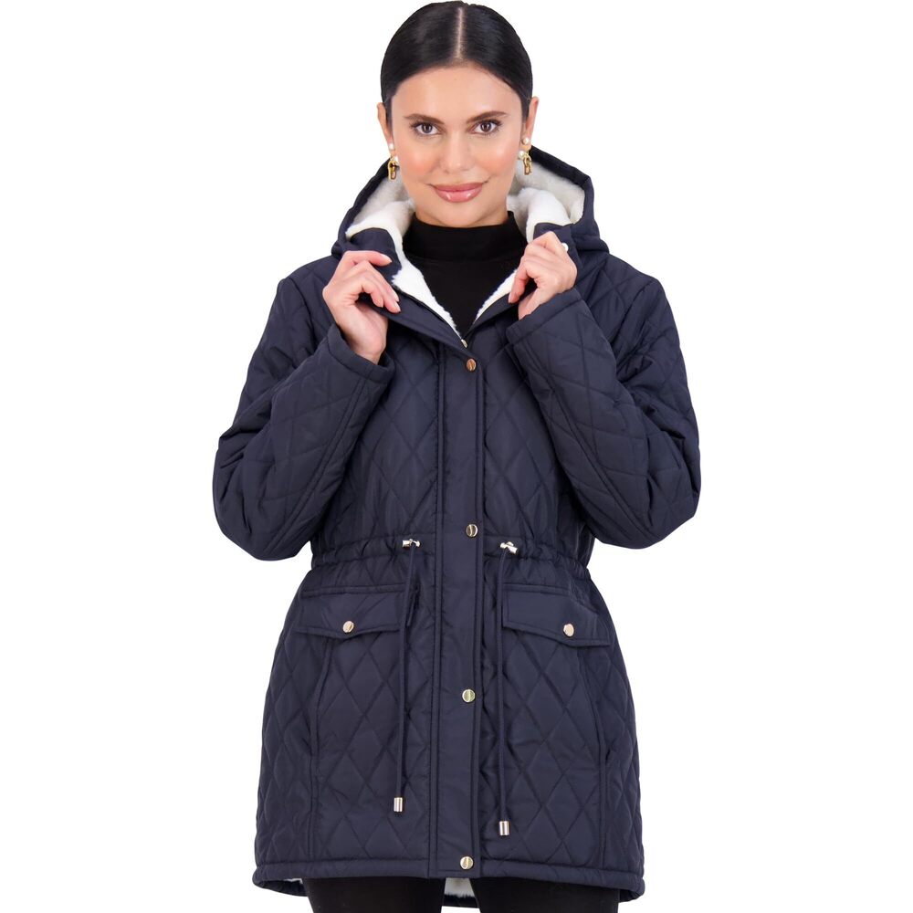 Jones New York Diamond-Quilted Jacket Anorak with Fur, Deep Navy, Size 2X